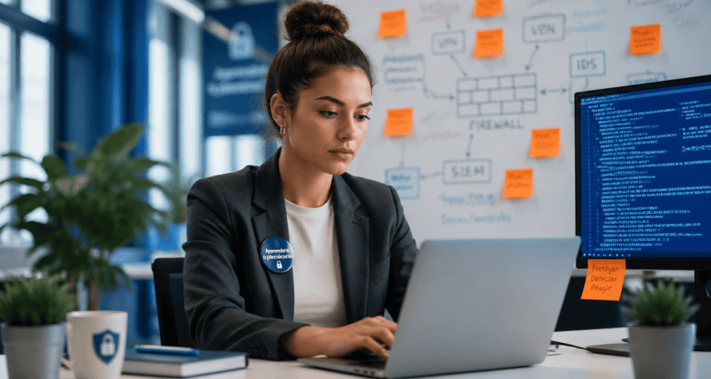 apprendre la cybersécurité femme ordinateur badge