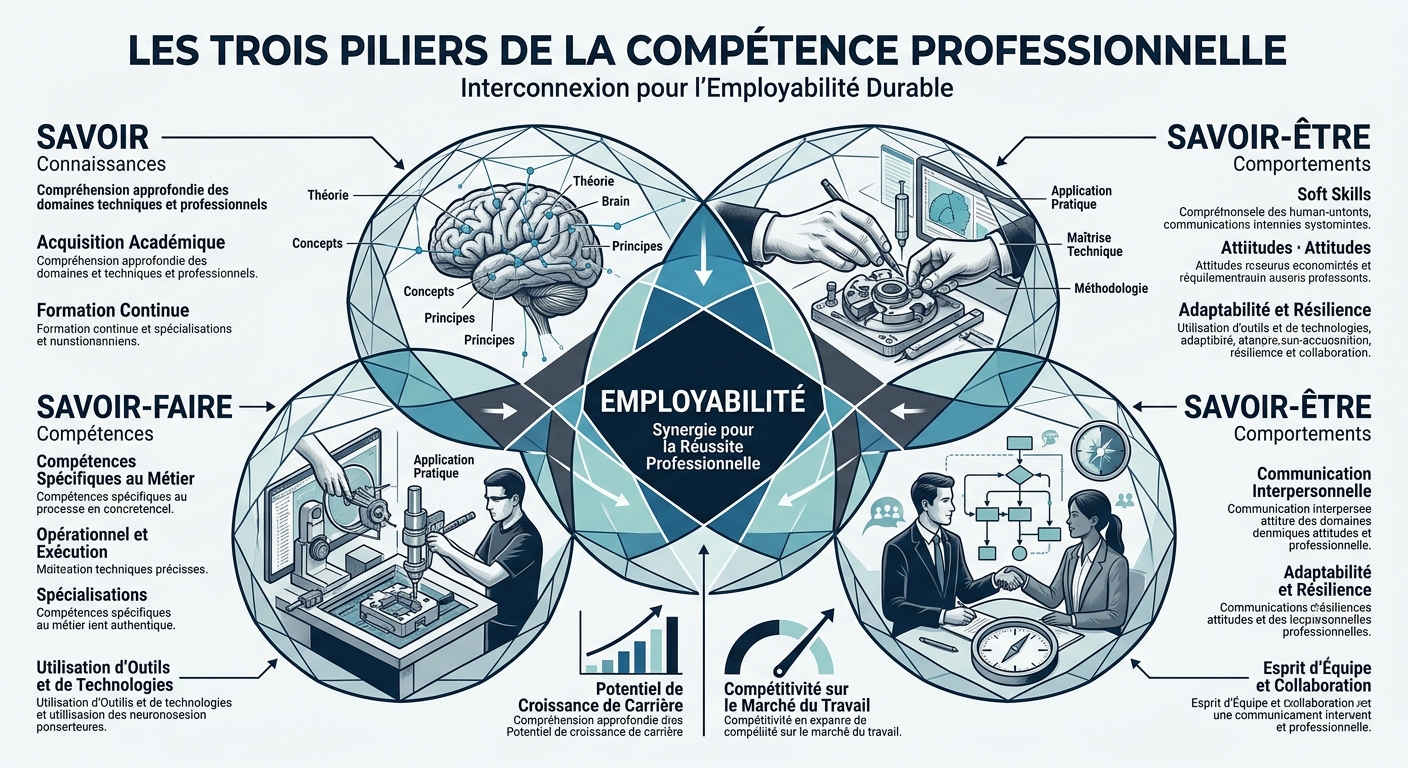 Infographie illustrant le triptyque de la compétence : Savoir, Savoir-faire et Savoir-être