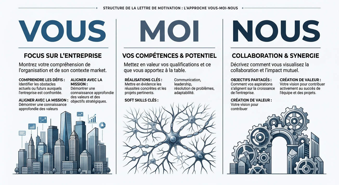Infographie de la méthode Vous-Moi-Nous pour une lettre de motivation en vente