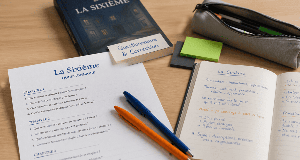 Livre La Sixième avec questionnaire et correction, stylos et carnet