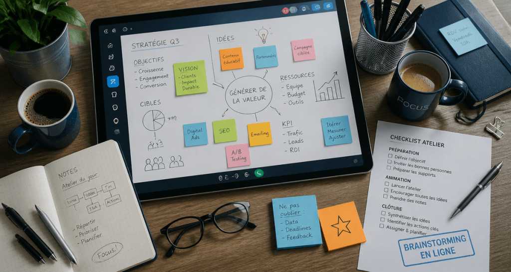brainstorming en ligne sur tableau digital avec post-its