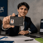 Jeune alternant présente carte étudiants des métiers