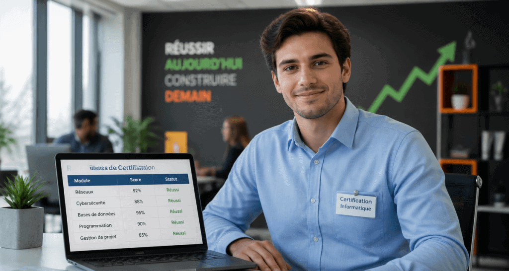 Jeune pro avec badge certification informatique devant résultats