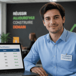 Jeune pro avec badge certification informatique devant résultats