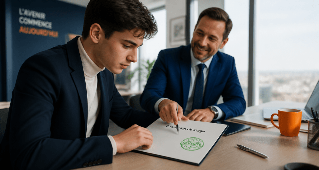 Signature convention de stage sans école dans un bureau moderne