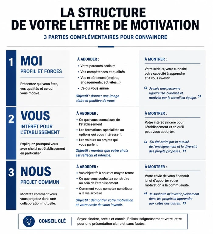 Infographie de la structure d'une lettre de motivation pour lycéen : méthode Moi, Vous, Nous