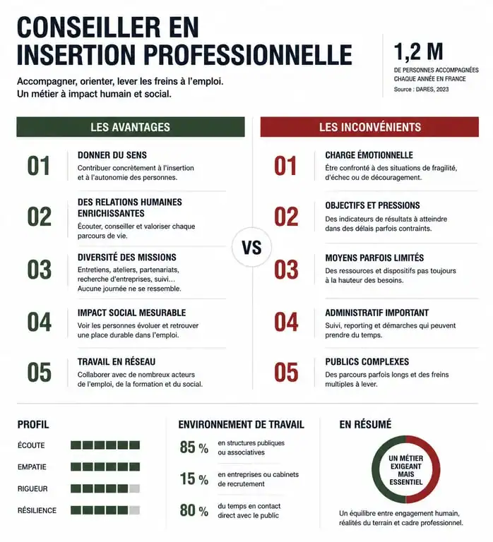 Infographie comparative des avantages et inconvénients du métier de conseiller en insertion professionnelle