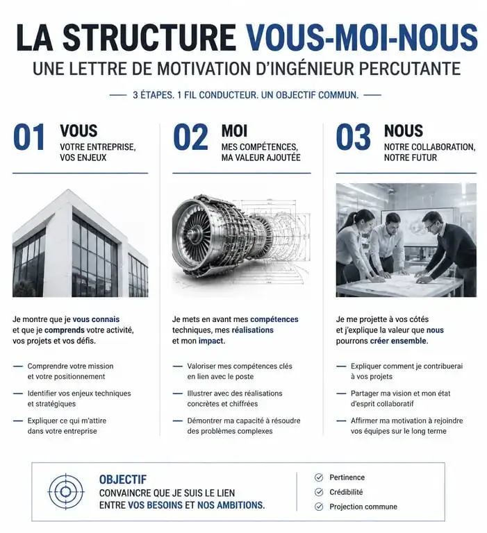 Infographie de la structure Vous-Moi-Nous pour une lettre de motivation ingénieur