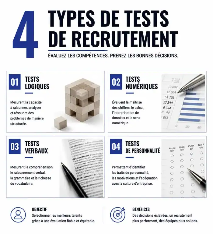 Infographie des types de tests de recrutement : logique, numérique, verbal et personnalité