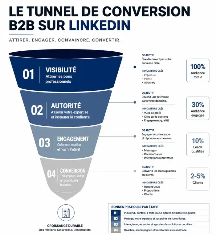 Infographie du tunnel de conversion B2B pour une formation LinkedIn entreprise