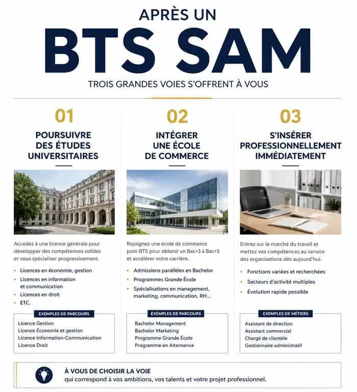 Infographie des options de carrière et d'études après un BTS SAM