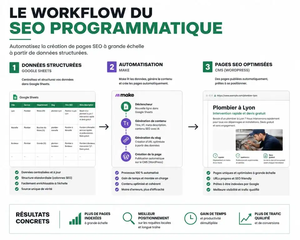 Schéma du workflow SEO programmatique : de la base de données à la génération de contenu automatique