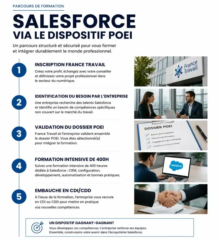Infographie du parcours de formation Salesforce via POEI pour demandeurs d'emploi