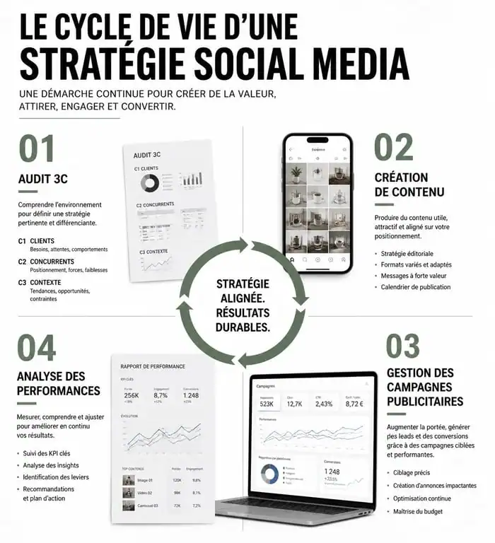 Infographie sur les étapes clés d'une formation social media pour réussir sa stratégie digitale