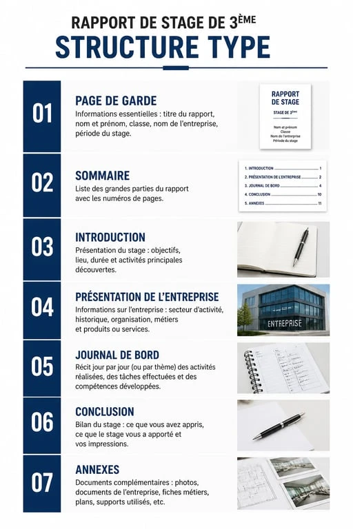 Infographie de la structure type d'un rapport de stage de 3ème pour les collégiens