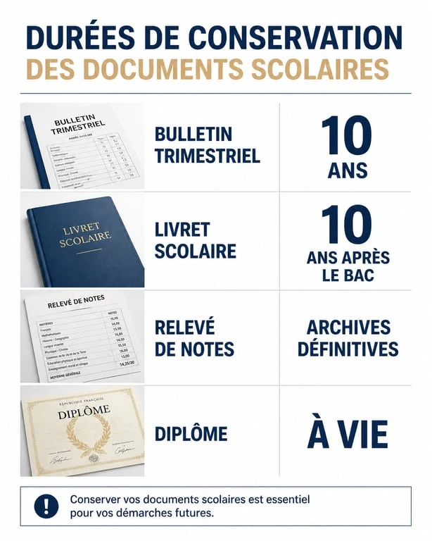 Infographie sur les durées de conservation des bulletins scolaires et diplômes pour faciliter la récupération de ses documents.