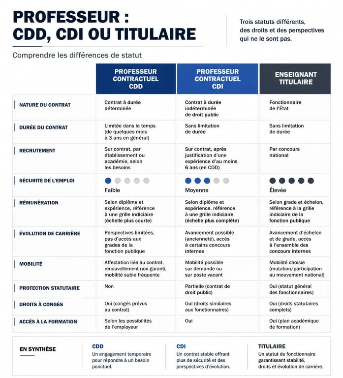 Tableau comparatif des statuts de professeur : CDD, CDI et titulaire dans l'Éducation nationale
