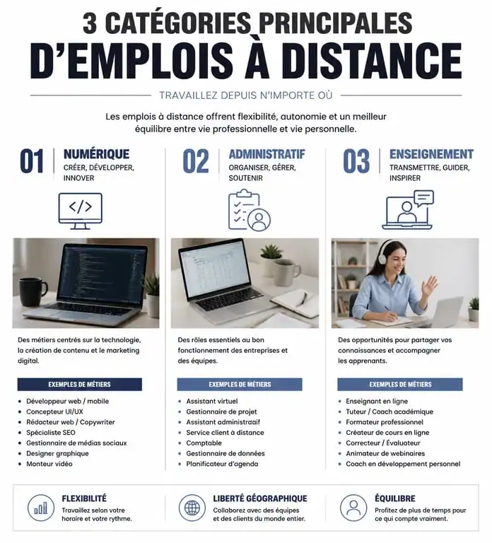 Infographie des métiers accessibles en télétravail : digital, administratif et enseignement