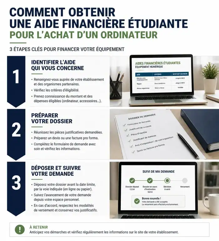 Infographie des étapes pour obtenir une aide étudiant achat pc