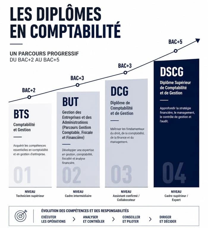 Infographie des diplômes en comptabilité en apprentissage du BTS au DSCG
