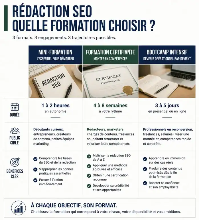 Infographie comparative des formations en rédaction SEO : choisir entre mini-formation, cursus certifiant et bootcamp.