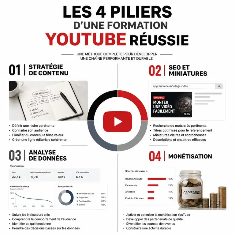 Infographie des piliers d'une formation sur YouTube pour réussir sa chaîne