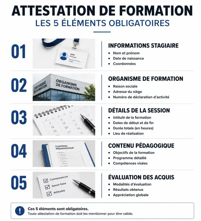 Infographie des éléments obligatoires pour une attestation de suivi de formation conforme