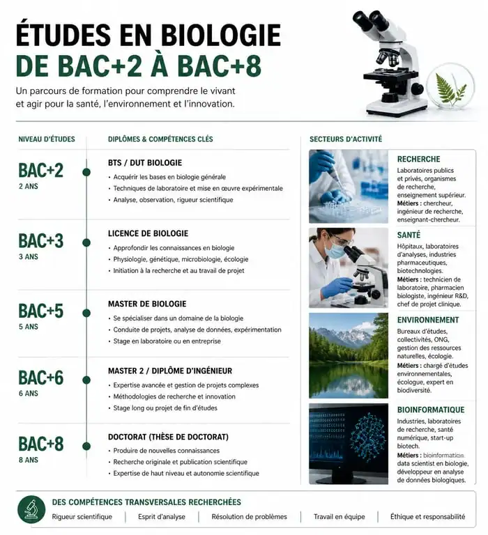 Infographie des métiers et niveaux d'études en biologie