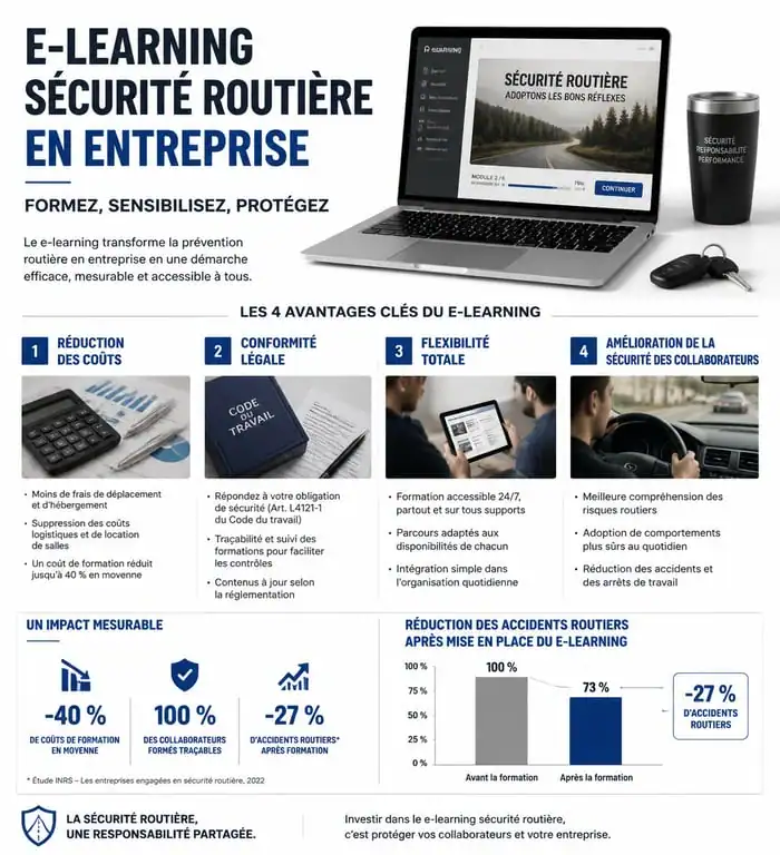 Infographie des avantages de l'e-learning sécurité routière en entreprise