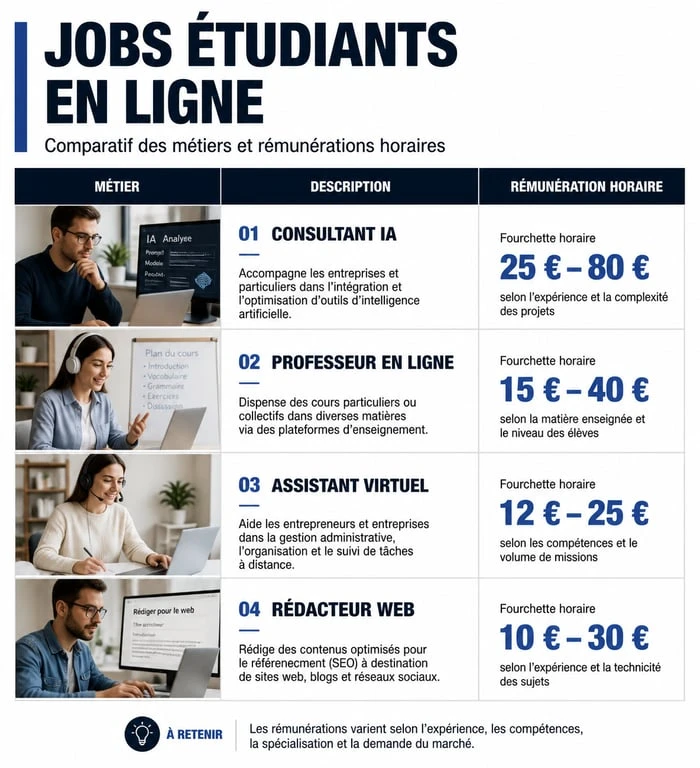 Tableau comparatif des jobs étudiants en ligne et rémunérations