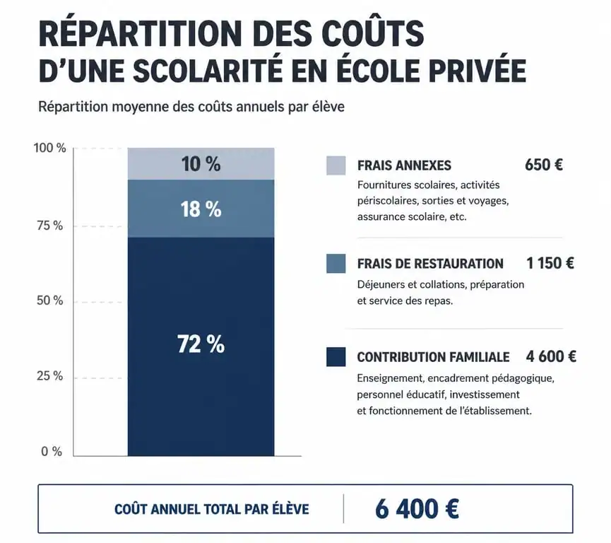 Répartition des coûts d'une scolarité en école privée, incluant contribution familiale et frais annexes.