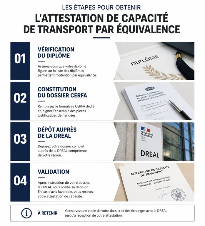 Infographie des étapes pour obtenir l'attestation de capacité transport par équivalence de diplôme