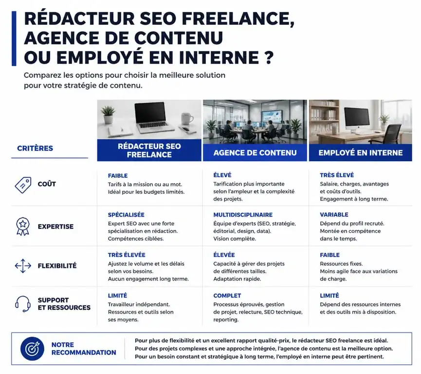 Comparatif rédacteur web SEO freelance, agence de contenu et salarié interne