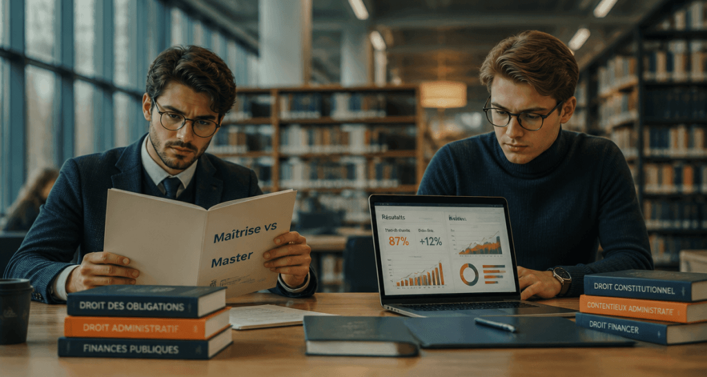 etudiants comparant maitrise et master en bibliotheque