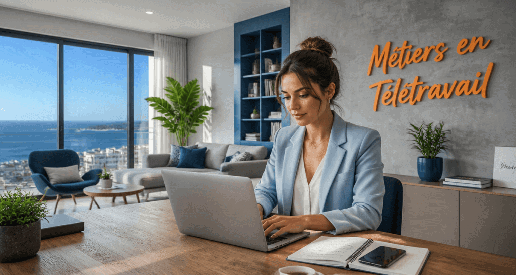 métier en télétravail femme ordinateur salon
