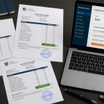 Récupérer ses bulletins scolaires en ligne, bureau avec bulletins et ordinateur