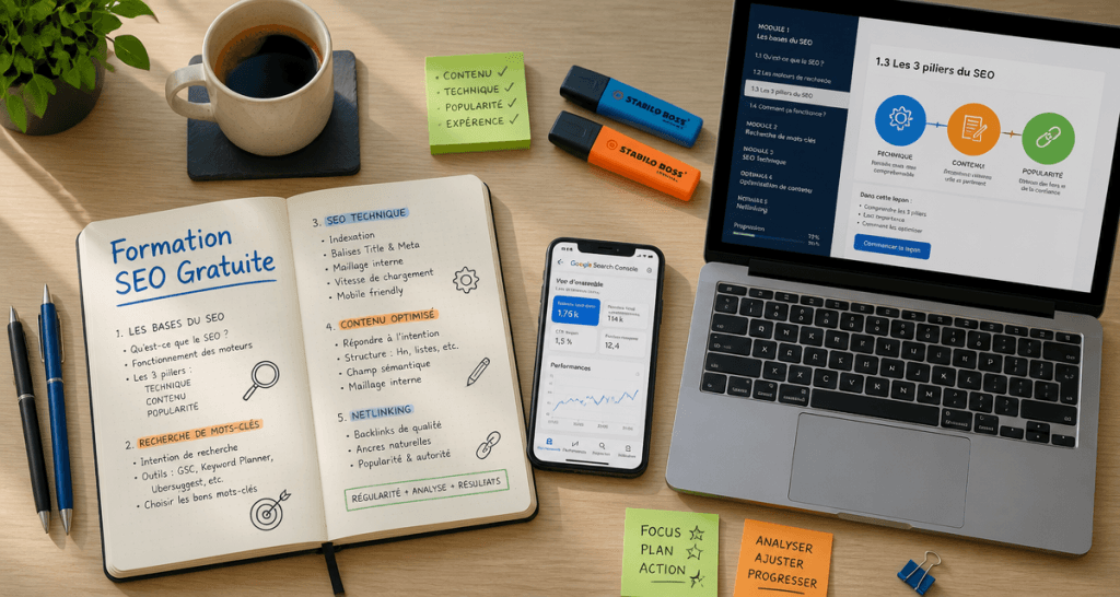 seo formation gratuite carnet et ordinateur