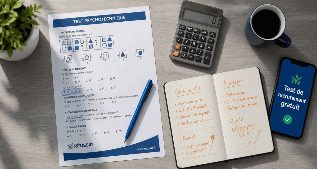 test de recrutement gratuit avec reponse sur bureau moderne