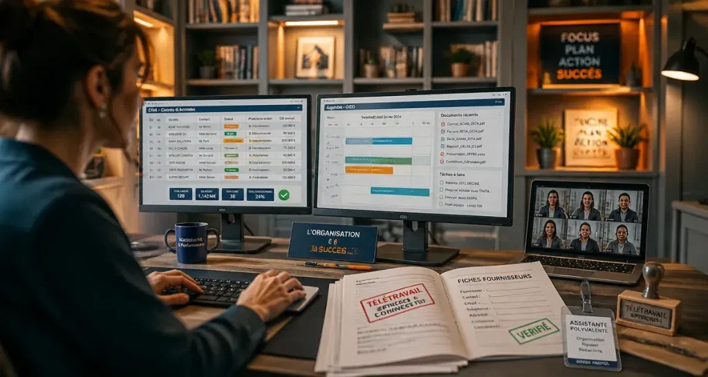 Assistante teletravail en télétravail, visioconférence et CRM sur écrans