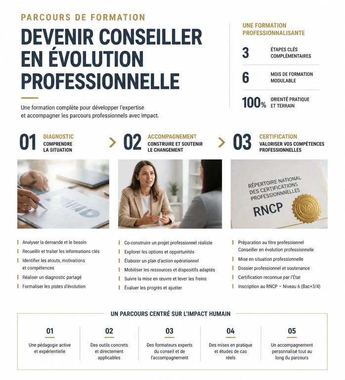 Parcours de formation pour devenir conseiller en évolution professionnelle et obtenir la certification RNCP