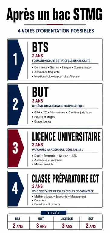 Schéma des débouchés et filières d'études après un bac STMG