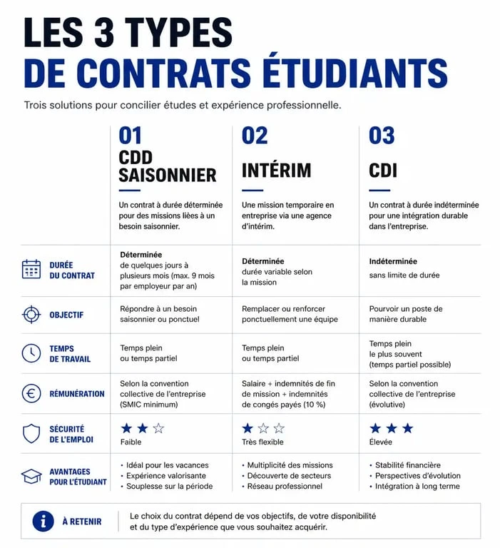 Infographie des types de contrats pour un job étudiant en juin 2025