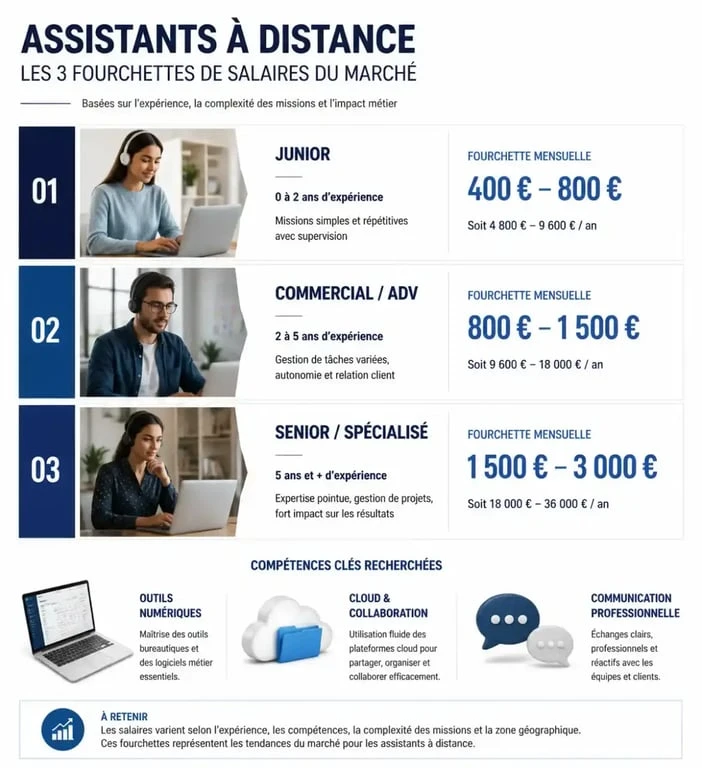 Infographie des salaires et compétences pour une assistante en télétravail