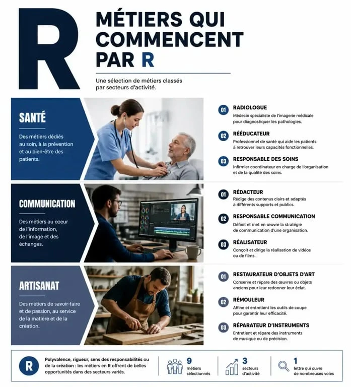 Infographie des métiers en R classés par secteur d'activité pour l'orientation professionnelle