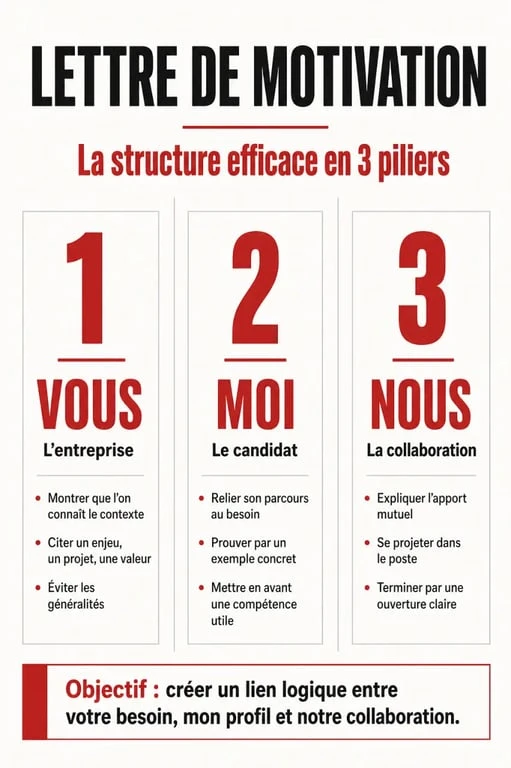 Modèle de structure pour une lettre de motivation efficace avec les piliers Vous, Moi et Nous pour réussir sa candidature.