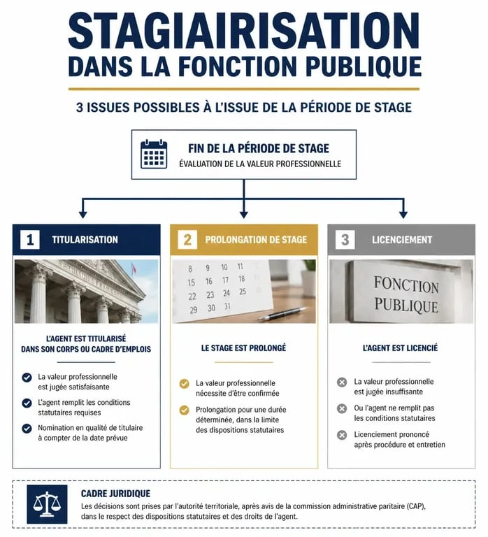 Schéma des issues de la stagiairisation dans la fonction publique : titularisation, prolongation ou licenciement