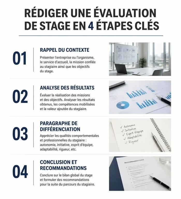 Infographie des 4 étapes pour rédiger une évaluation de stage efficace et professionnelle