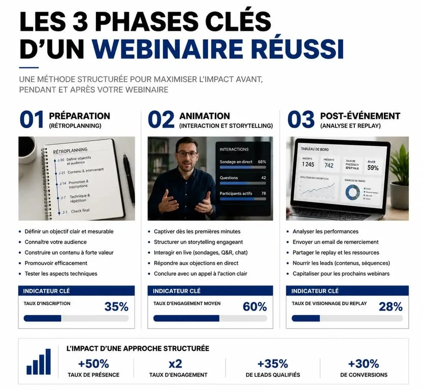 Infographie des étapes clés pour réussir sa formation webinaire et maximiser l'engagement des participants