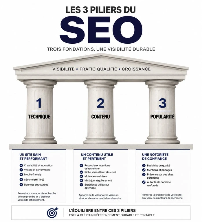 Infographie des 3 piliers du SEO pour apprendre le référencement naturel : technique, contenu et popularité.