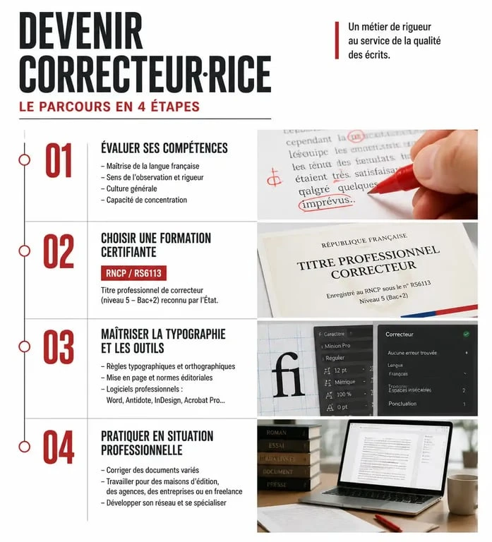Infographie du parcours de formation pour devenir correcteur relecteur professionnel